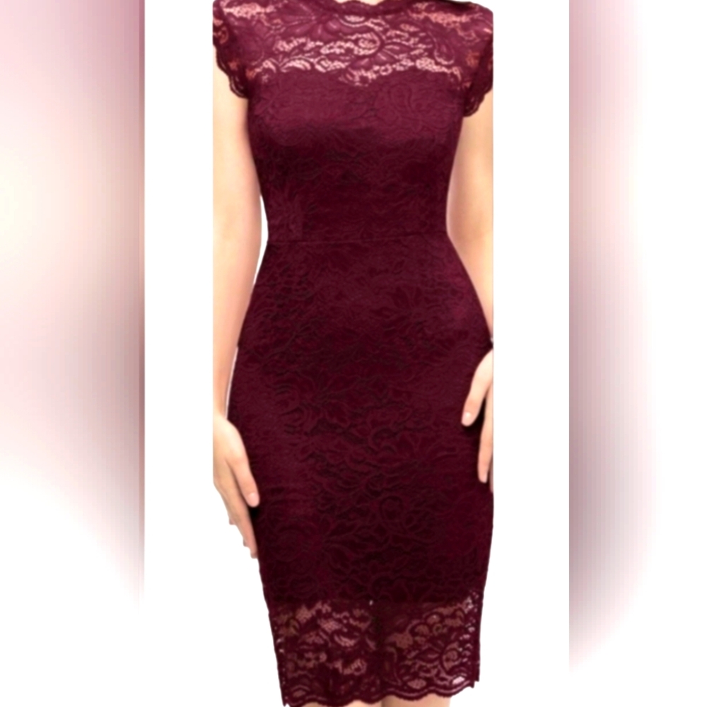 Dress. Burgundy Wine color. Bodycon. Elegant. Lace overlay. NWOT. Fun!